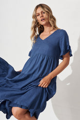 Blue Linen Blend Smock Dress by Kristen